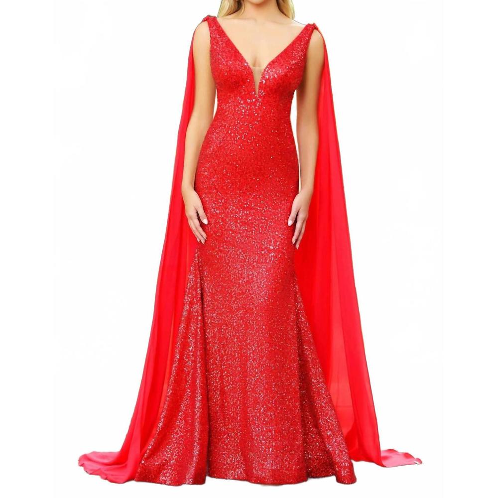NEW AVA PRESLEY fitted sequin evening gown with cascading sash in red